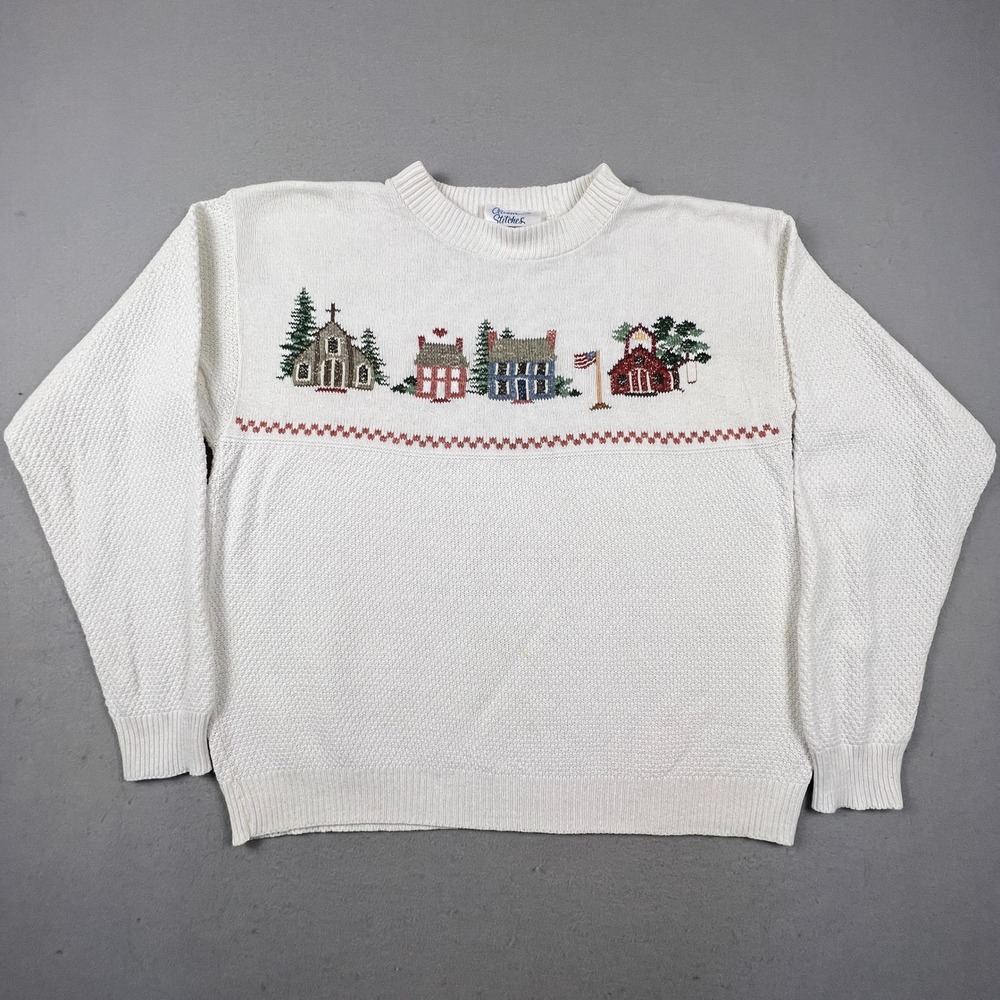 VTG Classic Stitches Sweater Womens XL Village Embroidered Knit Cottagecore